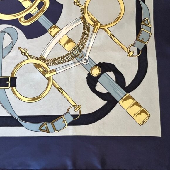 Vintage Hermes Pellier Paris Eperon d' Or Silk Scarf Blues with light Gray - Picture 14 of 16